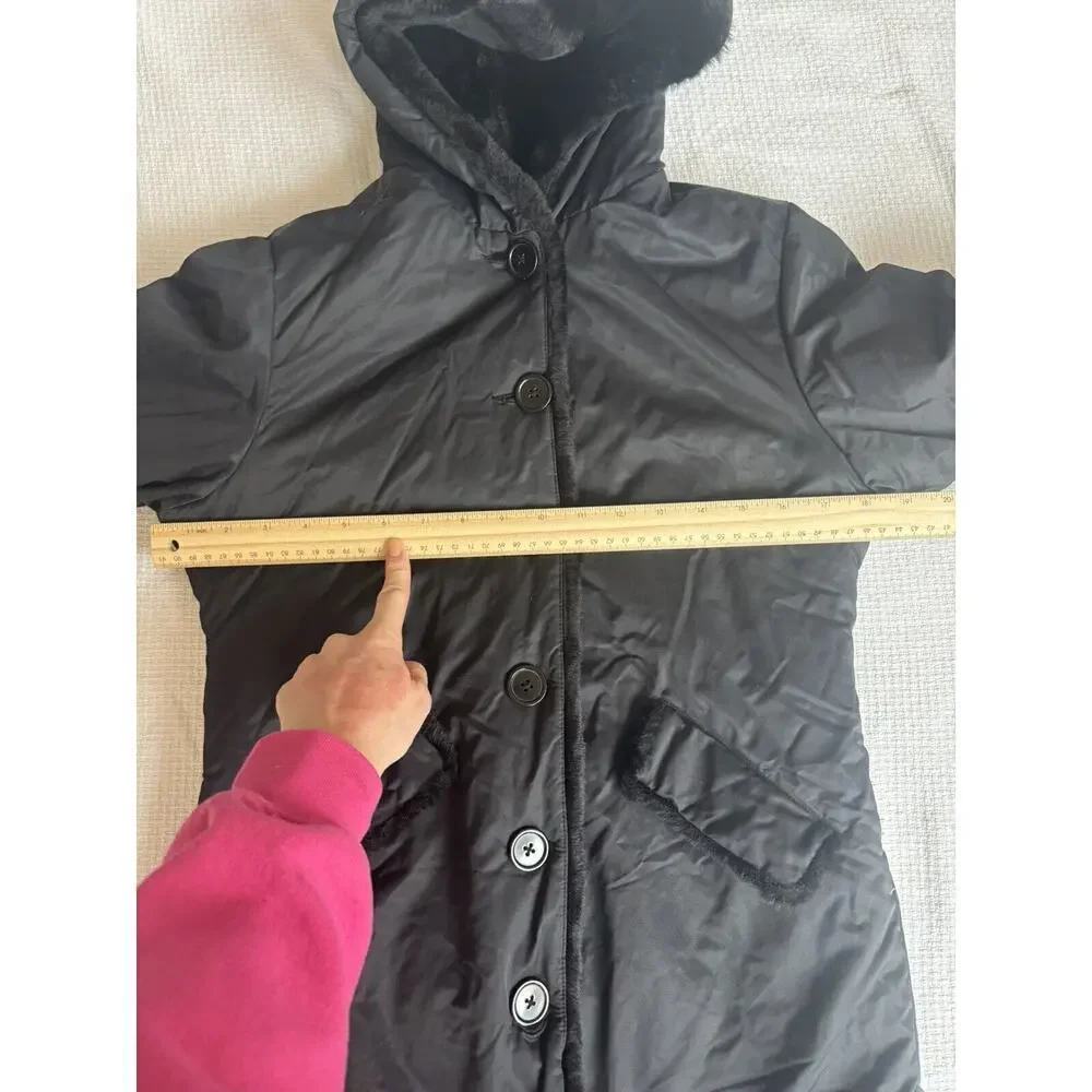 The Children's Place Jacket Girls L 10/12 Black Fur Nylon Hooded Reversible City